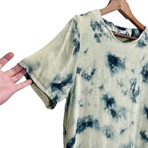 ZARA Batik Tie-Dye Viscose Tunic Top Blue White Abstract Dye- Size Small - Picture 4 of 9